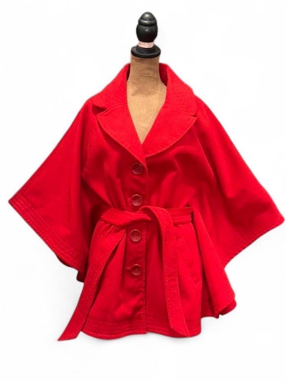 Red Women's Belted Batwing 1960s Style Retro Vintage Cape Coat Large